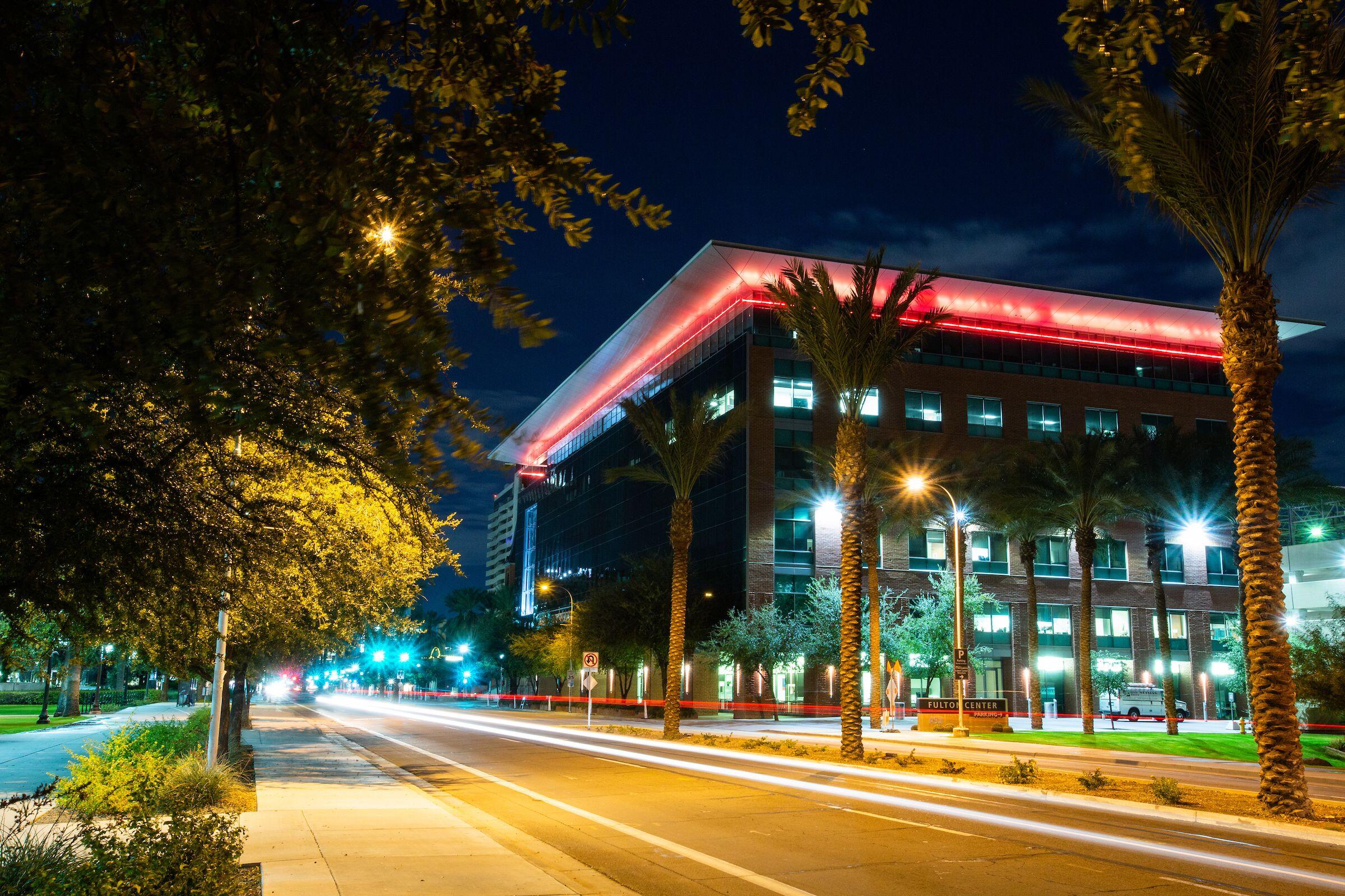 Looking down University Drive and Fulton Center at night